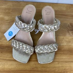 NWT A New Day Basil gold metallic braided strap slip on mule heels. Round heel.